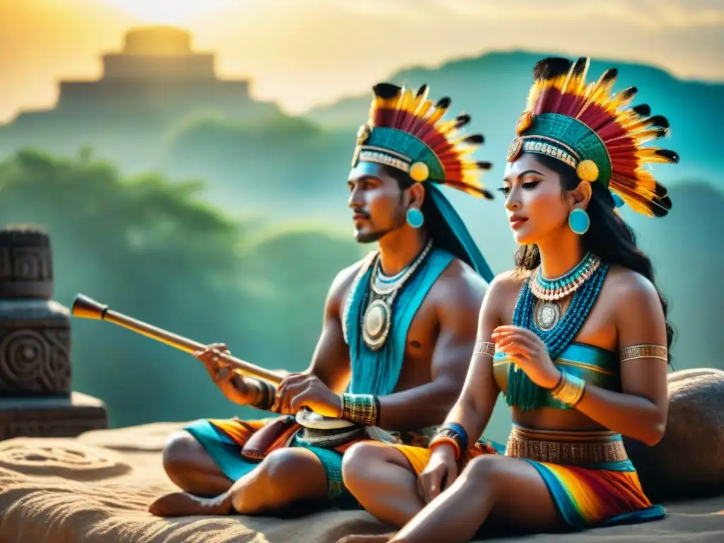 Antiguos músicos mayas bajo el sol, influencia astros música antigua, atuendos coloridos y carvings celestiales