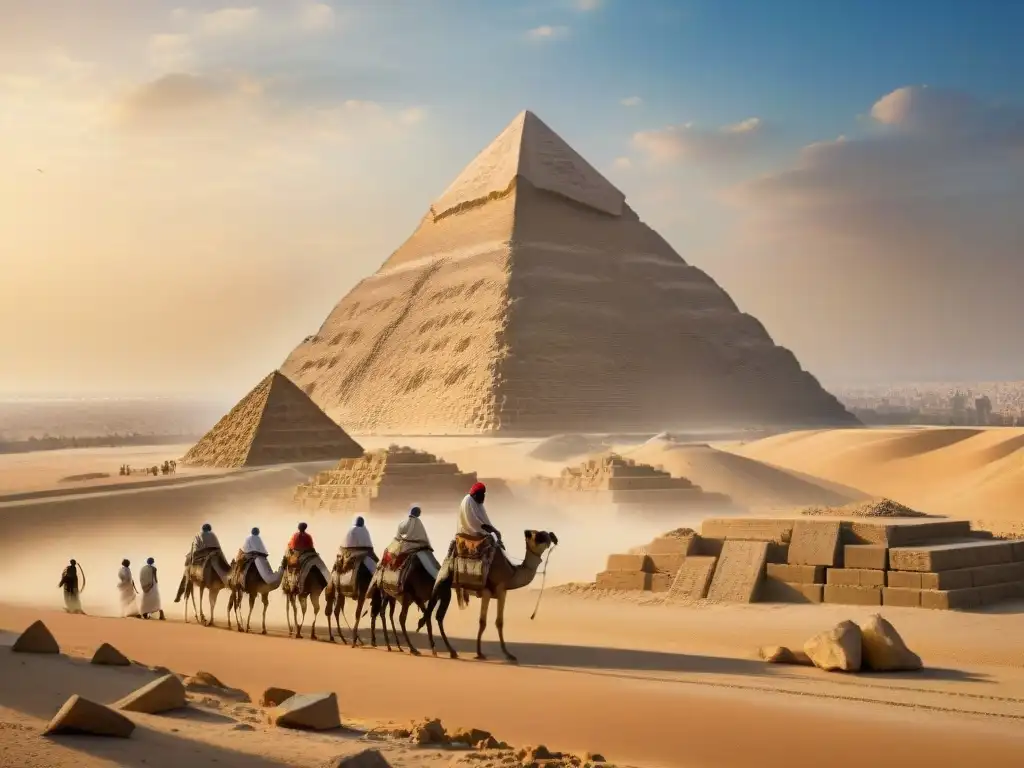 Antiguos obreros egipcios construyen la Gran Pirámide de Giza bajo el sol abrasador