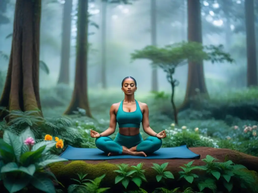 Yoguis antiguos practicando posturas complejas en un bosque místico, rodeados de exuberante vegetación y flores vibrantes