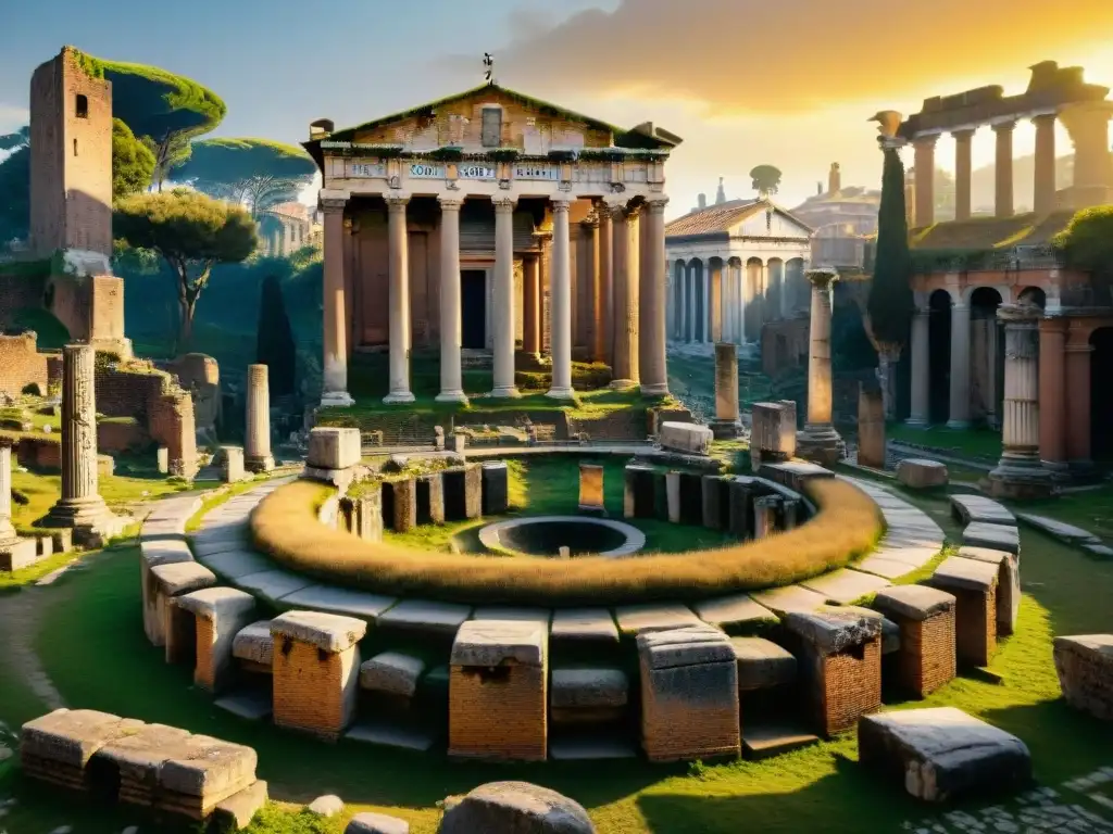 Los antiguos restos del Templo de Vesta en el Foro Romano, bañados por la luz dorada del sol, evocan el enigma de Vestalia