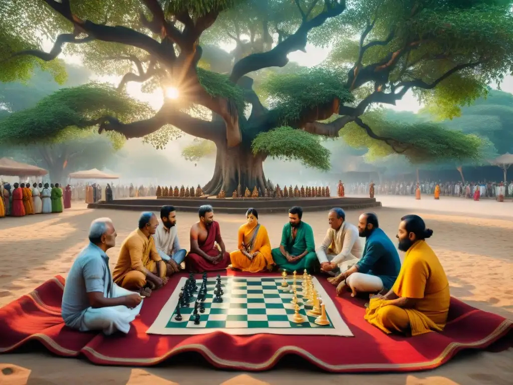 Antiguos sabios indios juegan ajedrez bajo un majestuoso árbol banyan en un bullicioso mercado, reflejando el origen del ajedrez en India