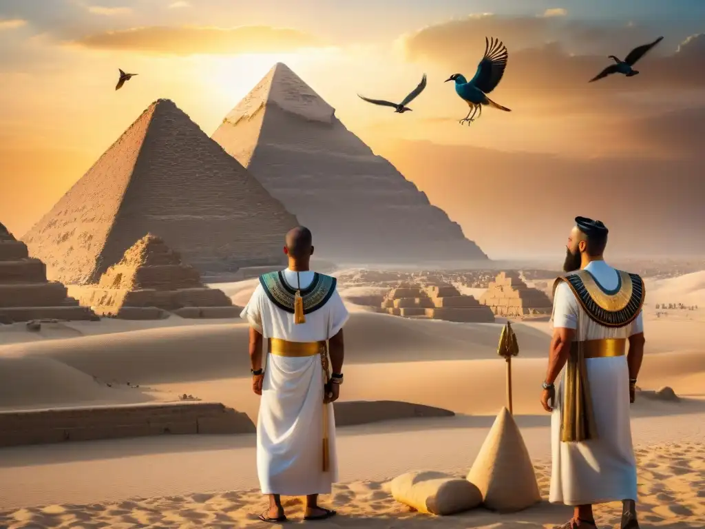 Antiguos sacerdotes egipcios interpretan señales augurios de aves en el cielo sobre las pirámides de Giza al atardecer