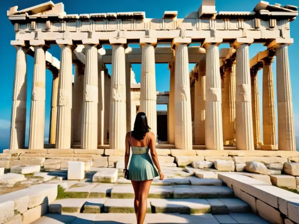 Los antiguos secretos de la Acrópolis de Atenas se revelan en la magnífica imagen detallada del Partenón, con sus columnas esculpidas y escaleras de mármol desgastado, mostrando la belleza antigua y la interacción de luz y sombra en la estructura