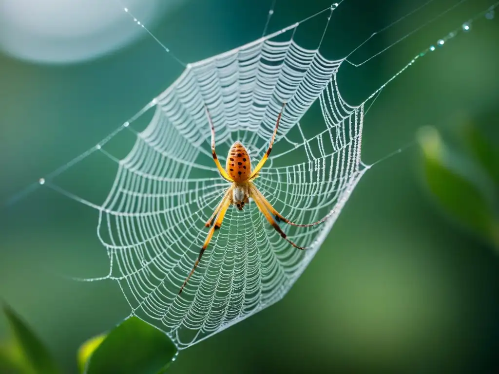 Tejido de araña: símbolo de sincronicidad y destino Una araña tejiendo una intrincada telaraña en el rocío de la mañana, simbolizando la sincronicidad y destino en la vida
