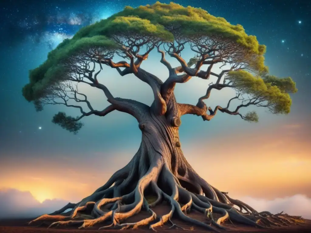 Árbol ancestral con raíces conectadas a practicantes de yoga de diferentes culturas y eras, fusionando pasado y presente en una conexión misteriosa