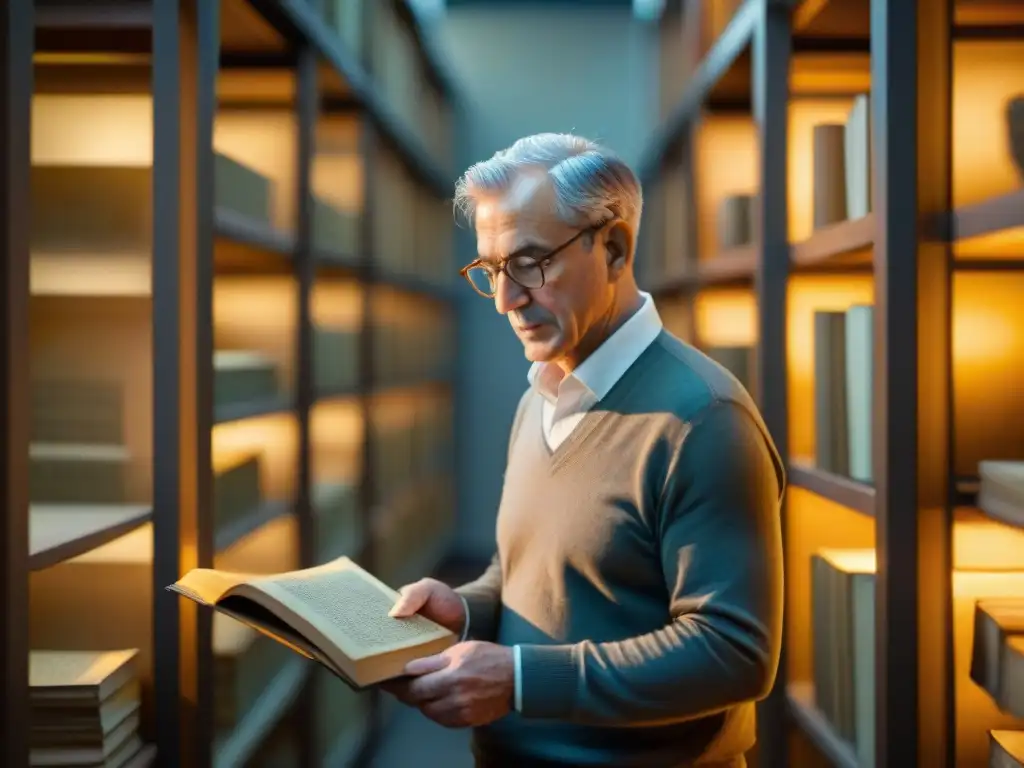 Un archivero anciano cuidadosamente manejando un manuscrito centenario en una sala de archivo llena de libros y pergaminos antiguos