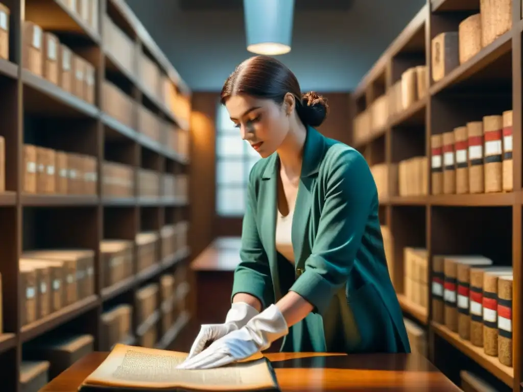 Un archivero dedicado preservando conocimiento en una sala histórica iluminada, resaltando la Importancia archiveros preservación conocimiento