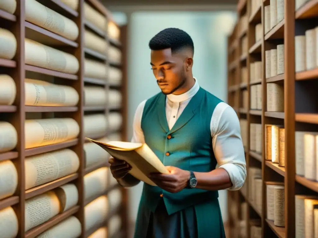 Un archivero habilidoso preserva la importancia del conocimiento en un pergamino antiguo, en una sala de archivos iluminada suavemente