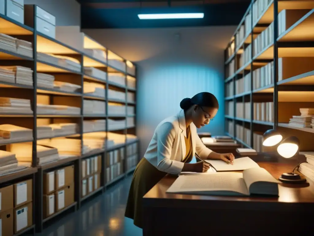 Archiveros preservando conocimiento ancestral en sala atmosférica iluminada