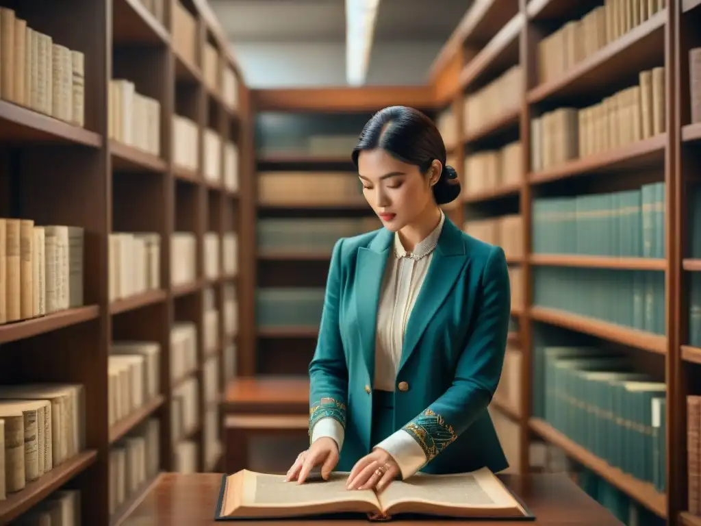 Un archivista escanea con delicadeza un antiguo manuscrito bajo suave luz en un entorno lleno de historia y avances tecnológicos