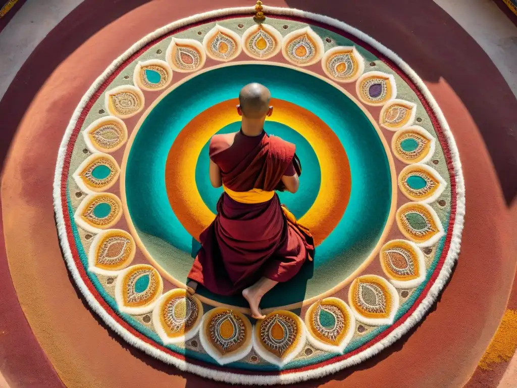 Mandala de arena detallado por monjes budistas tibetanos en ritual