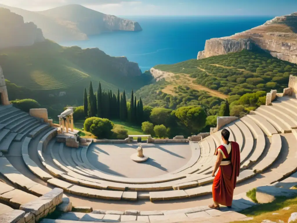 Aristóteles reflexiona en un antiguo anfiteatro griego, rodeado de grandiosidad y sabiduría ancestral