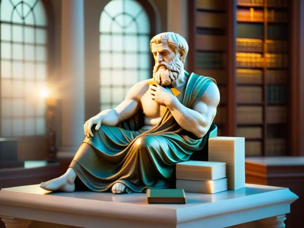 Aristóteles y otros filósofos antiguos en una biblioteca ornada, discutiendo sabiamente sobre ética, felicidad y virtud