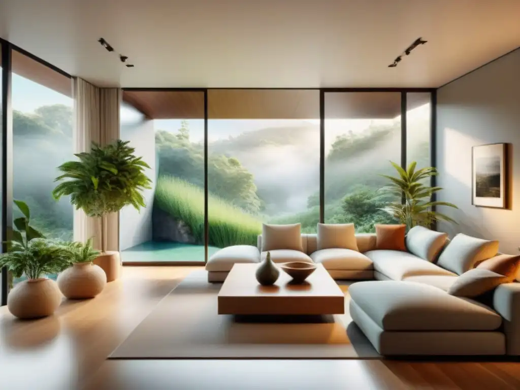 Armonía y equilibrio: Sala de estar diseñada según Feng Shui Armonía en el hogar con Feng Shui: Sala diseñada con equilibrio, plantas verdes, luz natural y elementos naturales, transmitiendo paz y tranquilidad