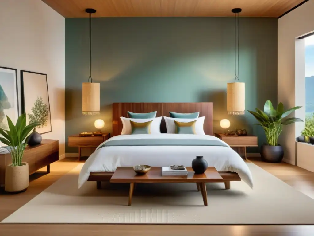 Diseño de dormitorio Feng Shui con equilibrio y armonía Habitación armoniosa con Feng Shui: cama diagonal, elementos calmantes como plantas y cristales, iluminación suave y paleta de colores terrosos