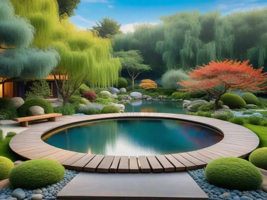 Jardín armonioso según Feng Shui: estanque sereno y vegetación exuberante Un jardín armonioso con Feng Shui: estanque sereno, vegetación exuberante y sendero de piedras