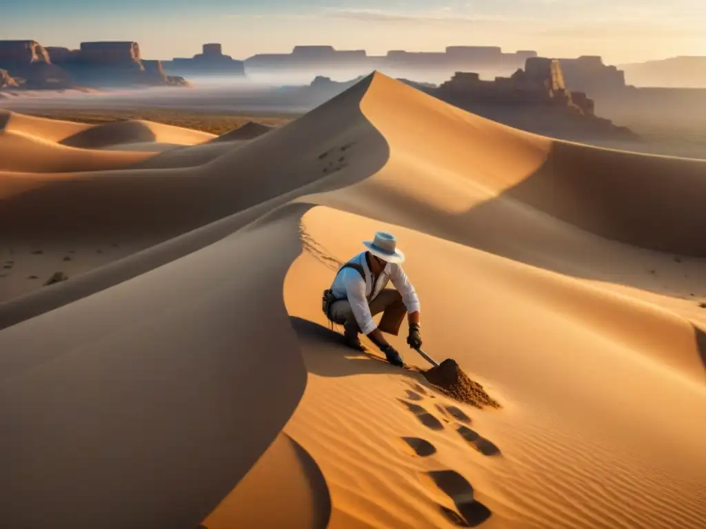 Arqueólogo preservando artefacto antiguo en desierto