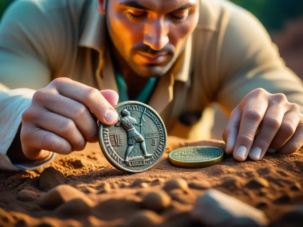 Un arqueólogo limpia con cuidado una moneda antigua, revelando detalles intrincados