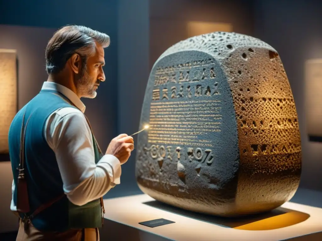 Arqueólogo descifrando la Piedra de Rosetta en un museo iluminado tenue, rodeado de artefactos antiguos