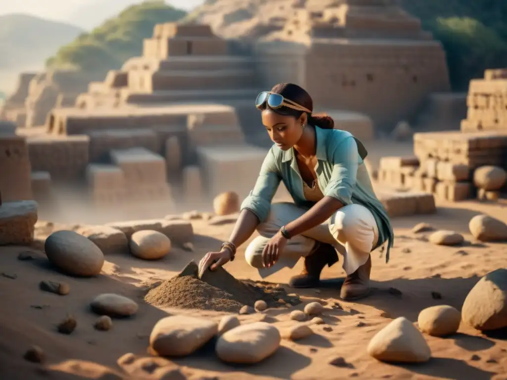 Un arqueólogo descubriendo reliquias antiguas en un sitio sagrado, resaltando la importancia del papel de la arqueología en restauración