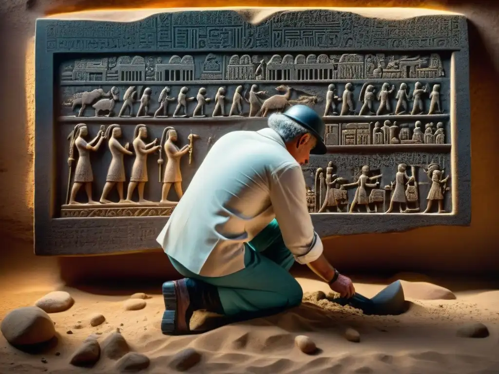 Descubriendo antiguos secretos: arqueólogo revela inscripciones en piedra Arqueólogo descubriendo símbolos antiguos en tableta de piedra