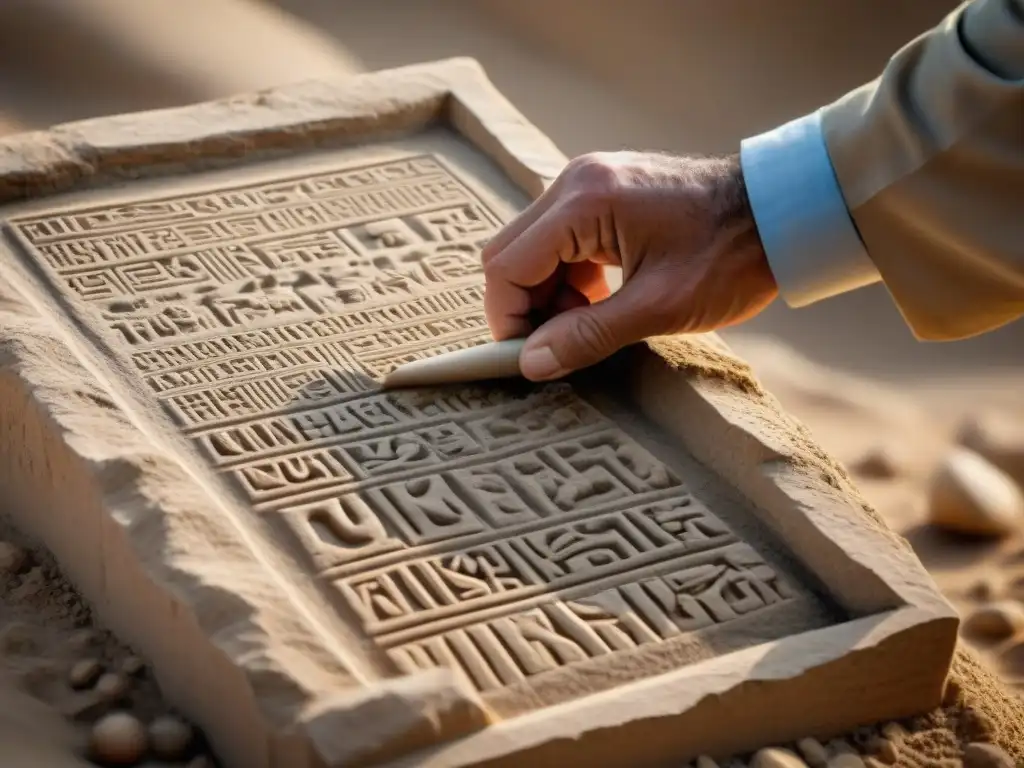 Arqueólogo decodificando tablilla cuneiforme en Mesopotamia al amanecer