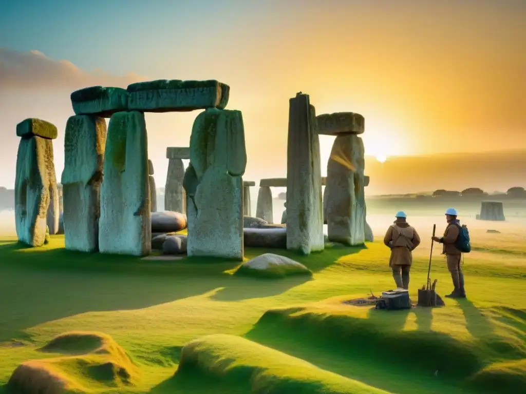 Arqueólogos excavando en Stonehenge al atardecer, rodeados de misterios