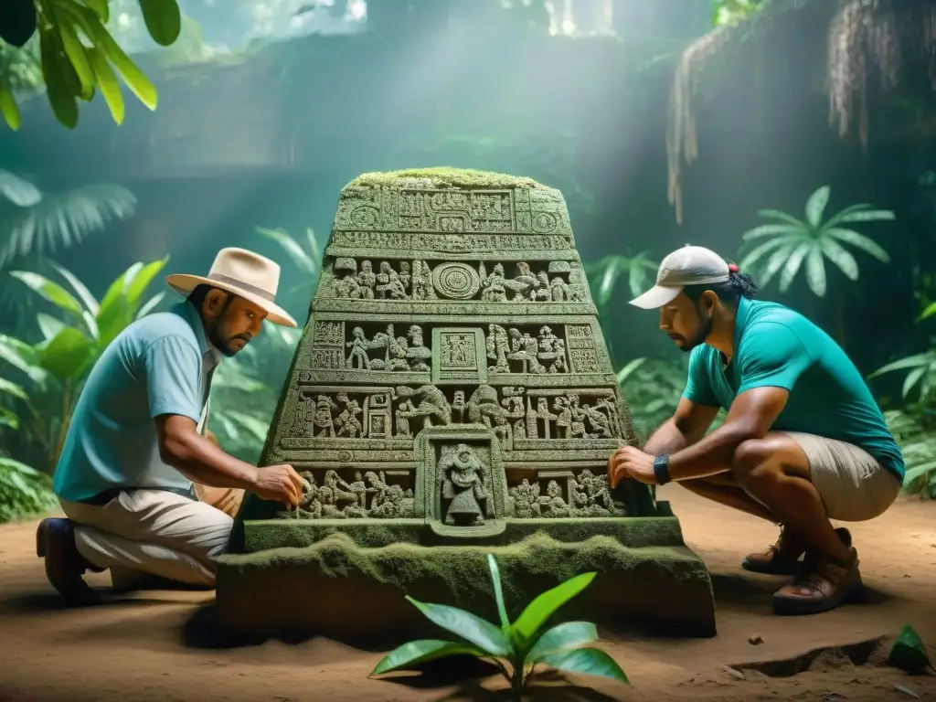 Arqueólogos excavando estela maya en la selva: estelas mayas imperio desaparecido