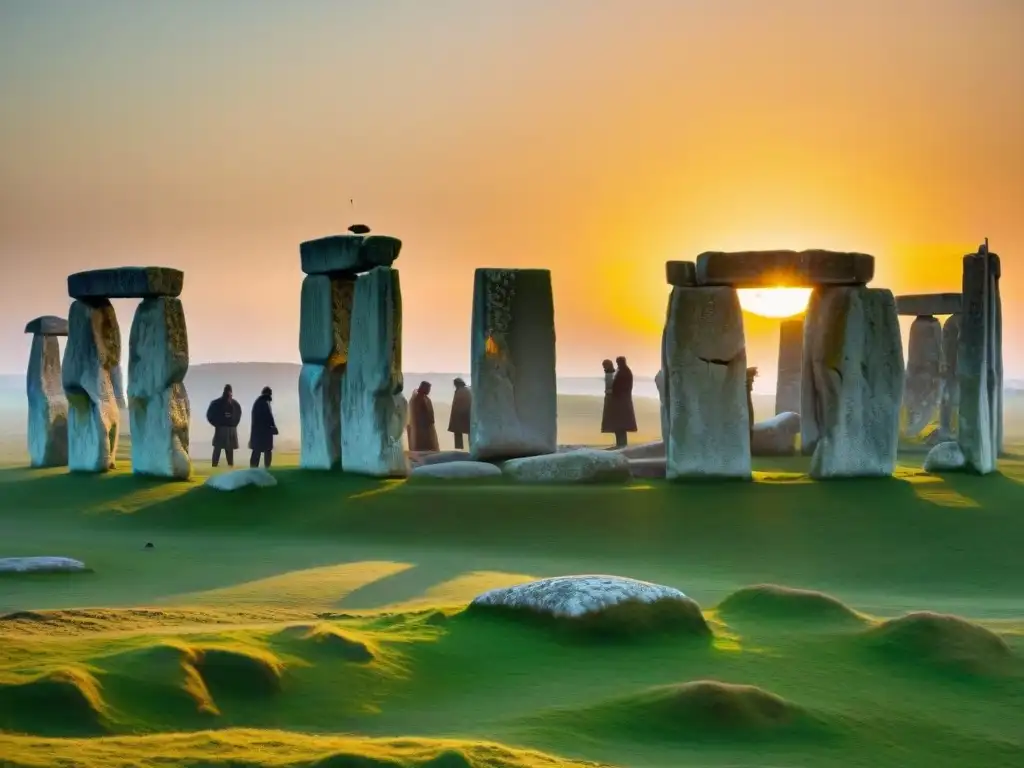 Arqueólogos excavando fragmentos antiguos en Stonehenge al atardecer, revelando misterios sobre el Origen construcción Stonehenge civilización