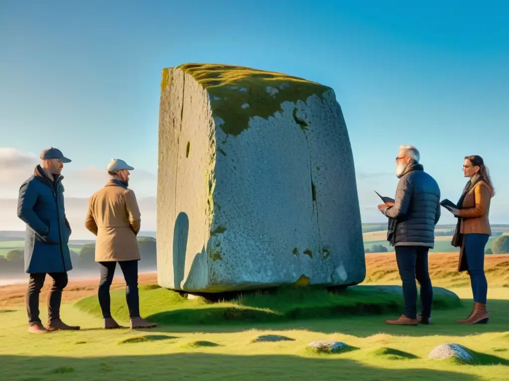 Arqueólogos descifrando menhir celta Arqueólogos decodificando menhires celtas antiguos bajo el cielo azul