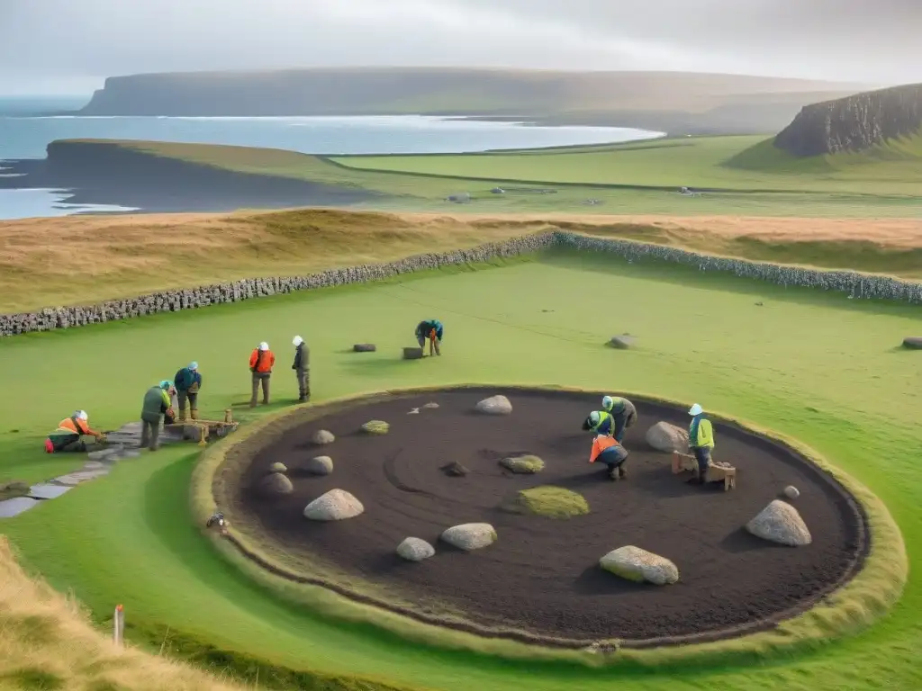 Arqueólogos descubriendo misterios del Círculo de Brodgar en las Islas Orcadas, Escocia