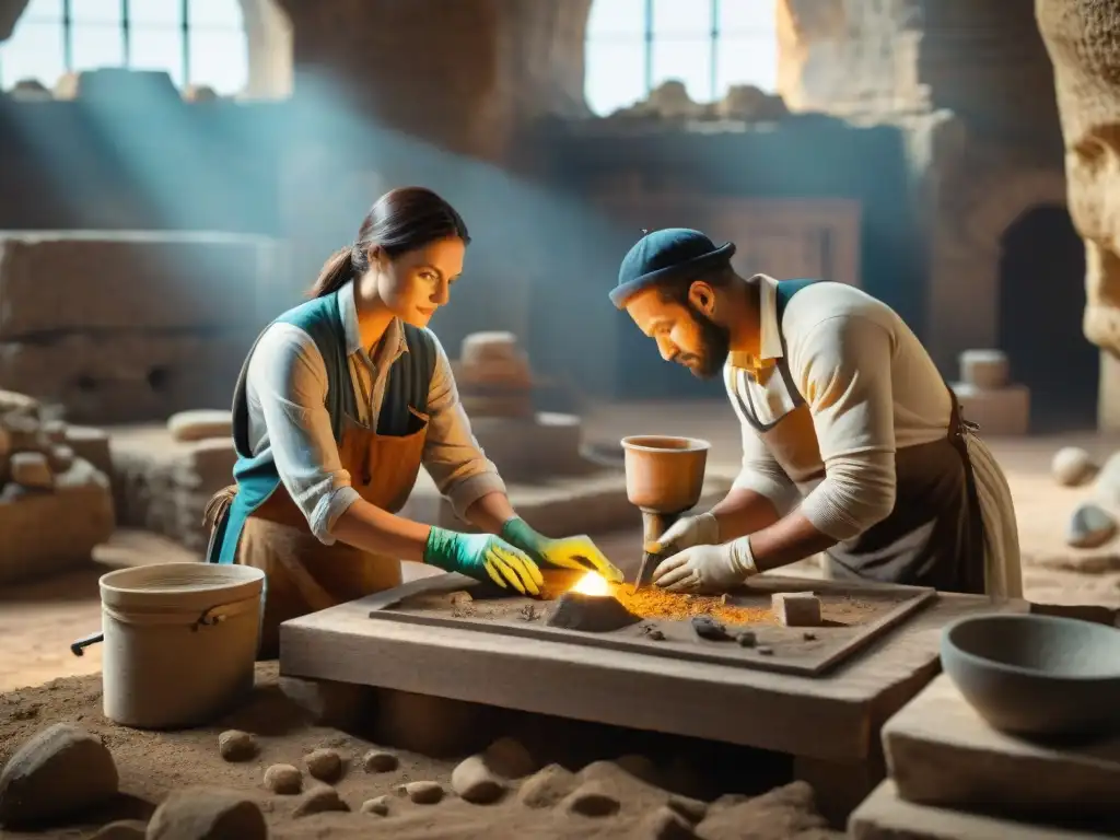 Arqueólogos restaurando reliquia antigua, destacando el papel de la arqueología en restauración