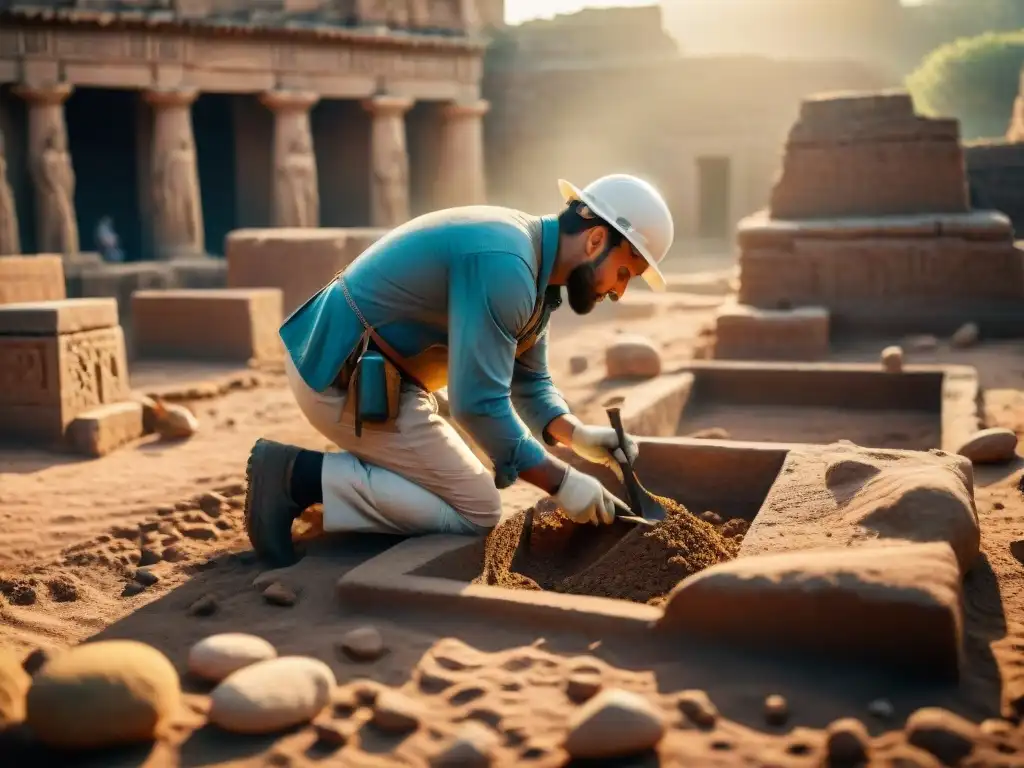 Arqueólogos descubriendo ruinas antiguas al atardecer