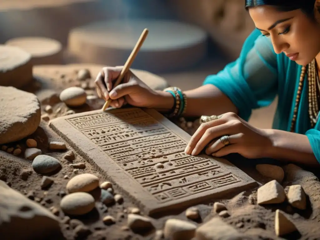 Arqueólogos decodificando tablillas cuneiformes Mesopotamia en sitio excavación