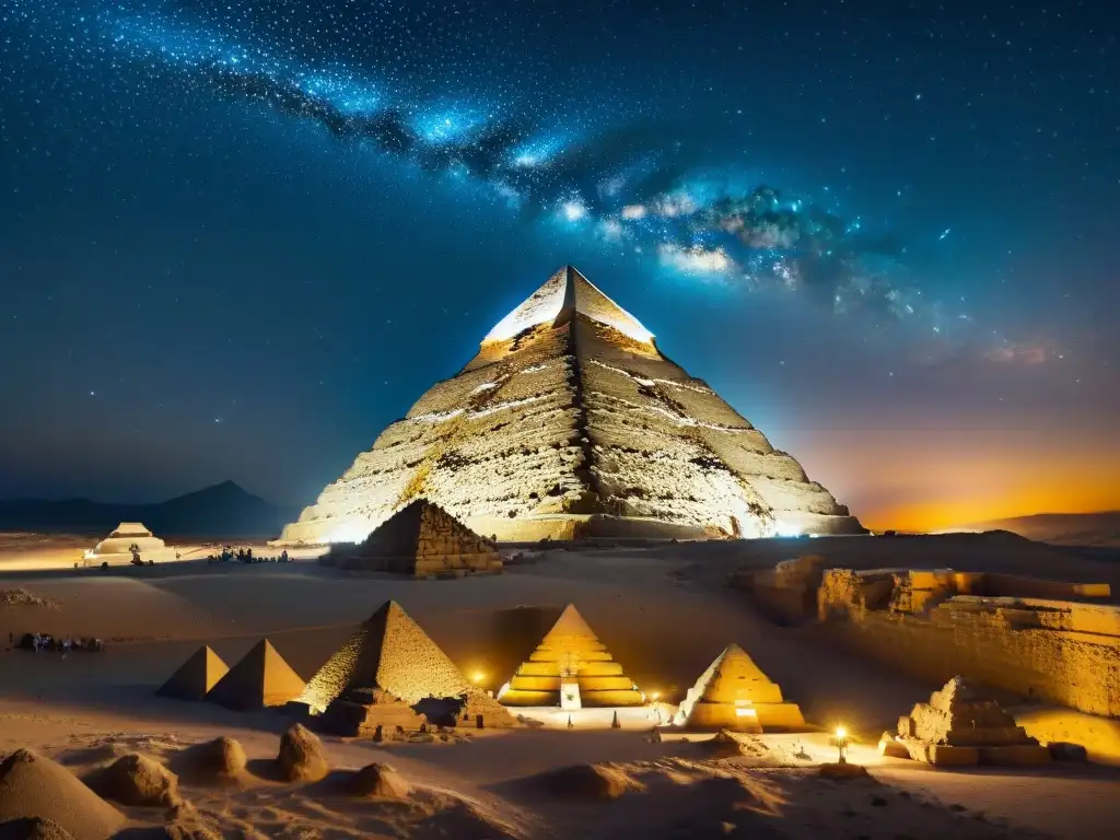 Arquitectura estelar civilizaciones antiguas: Antiguos egipcios maravillados por las estrellas sobre la Gran Pirámide de Giza iluminada de noche