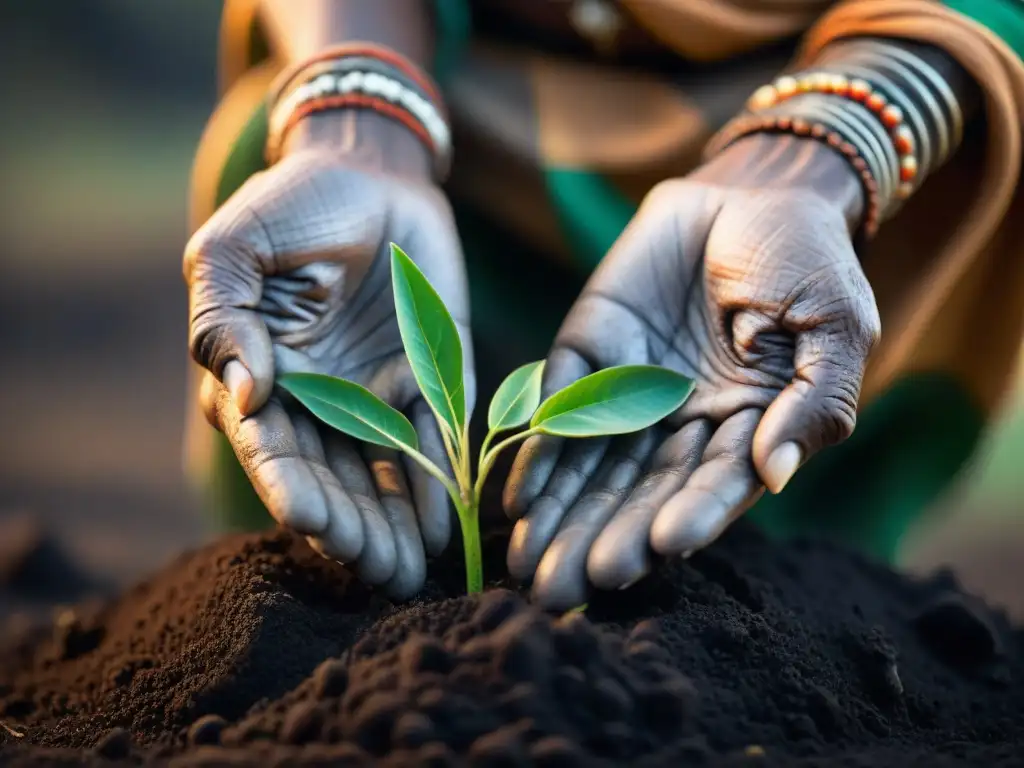 Las arrugas del anciano contrastan con la tierna planta verde emergiendo de la tierra oscura, simbolizando ciclos rituales iniciación africanos