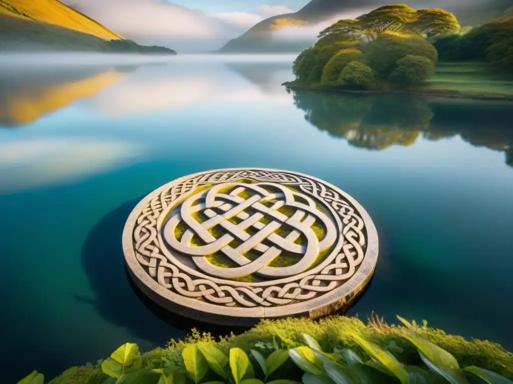 Arte celta tallado en piedra junto a lago sereno reflejando simbolismo de vida y agua