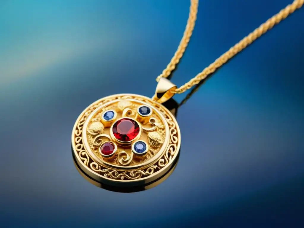 Arte fenicio en joyería contemporánea: detallado colgante de oro con gemas rojas y azules, reflejando la artesanía fenicia