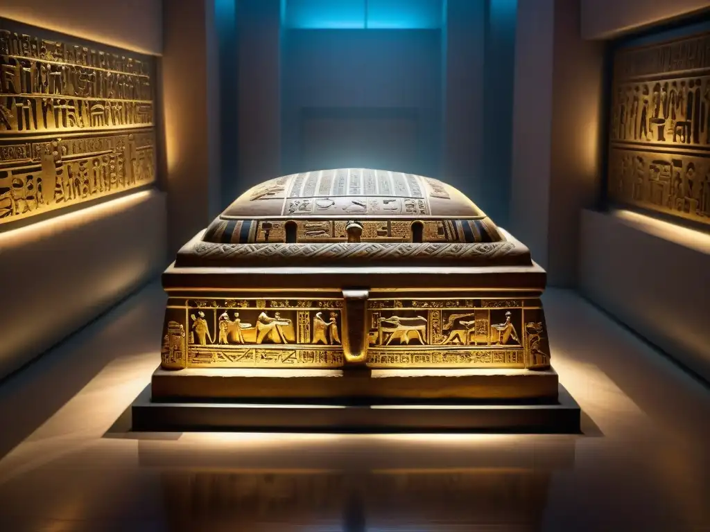 Arte funerario de civilizaciones antiguas misteriosas: sarcófago egipcio iluminado en museo