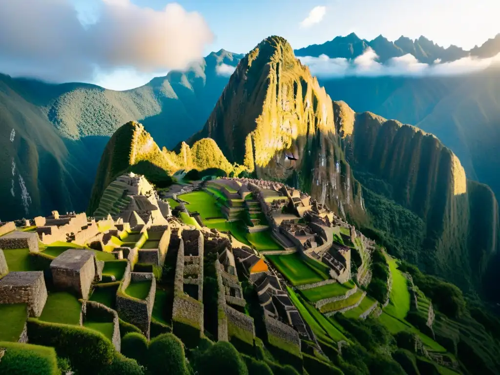 Arte Inca en arquitectura moderna: Machu Picchu iluminada por el sol poniente, rodeada de montañas verdes y nubes, un lugar místico y asombroso