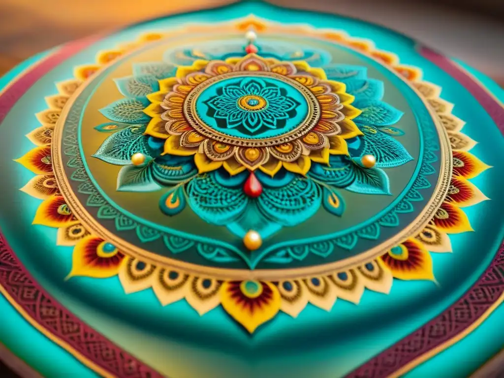 Fotografía contemporánea de arte indio: Detalle de un intrincado mandala con colores vibrantes y patrones complejos, iluminado suavemente