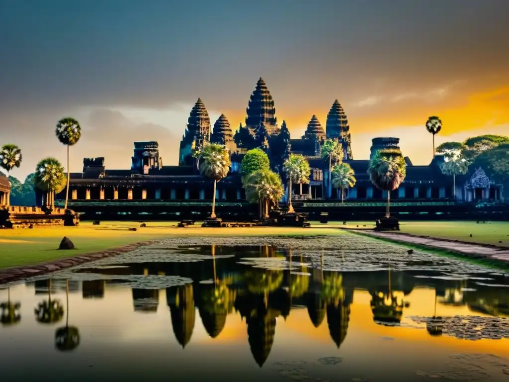 Arte Jemer en diseños actuales: Detalle de Angkor Wat al amanecer, con sombras dramáticas y figura admirando la majestuosidad del templo