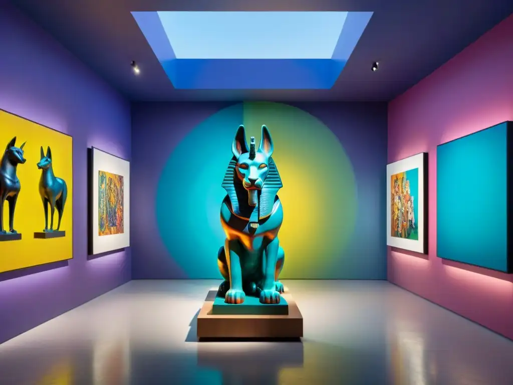 Exposición de arte pop inspirado en mitologías antiguas con Anubis y Zeus en el centro