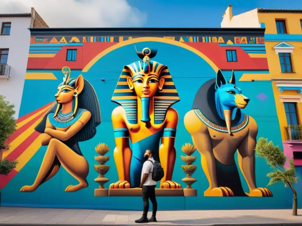 Arte Pop mitologías antiguas contemporáneo: mural callejero fusiona figuras de Anubis y Zeus en escena dinámica rodeados de grafiti colorido