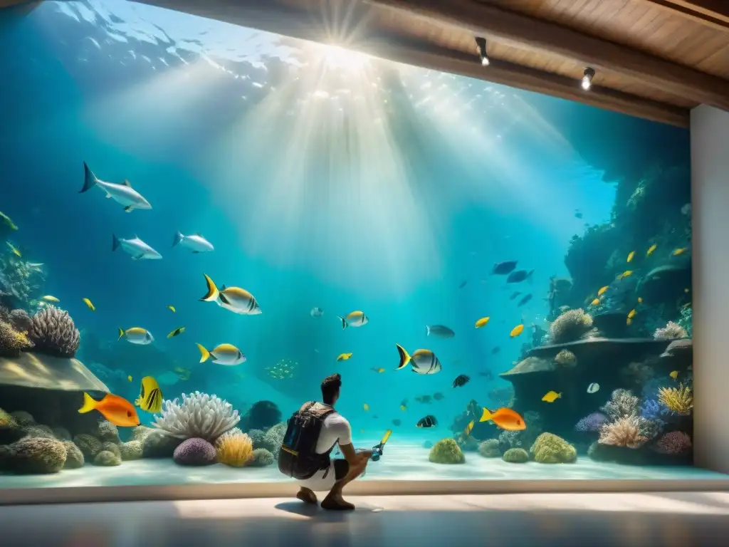 Arte subacuático en decoración: Un artista pintando meticulosamente un mural submarino vibrante en una habitación tenue