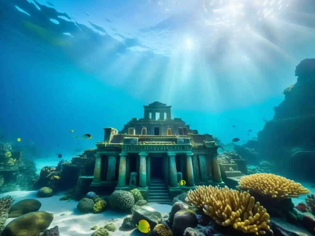 Descubre el arte subacuático en decoración: una escena vibrante de ruinas antiguas en Atlantis, con peces coloridos y arquitectura mística