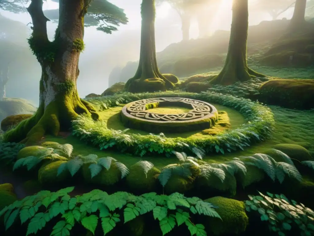 Artefactos mágicos en un círculo de piedra en un bosque antiguo, con símbolos celtas y misterio ancestral