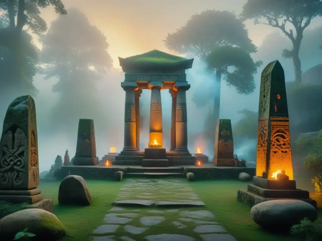Artefactos mágicos druida civilizaciones antiguas: Ceremonia ancestral de druidas en sitio sagrado del bosque al amanecer