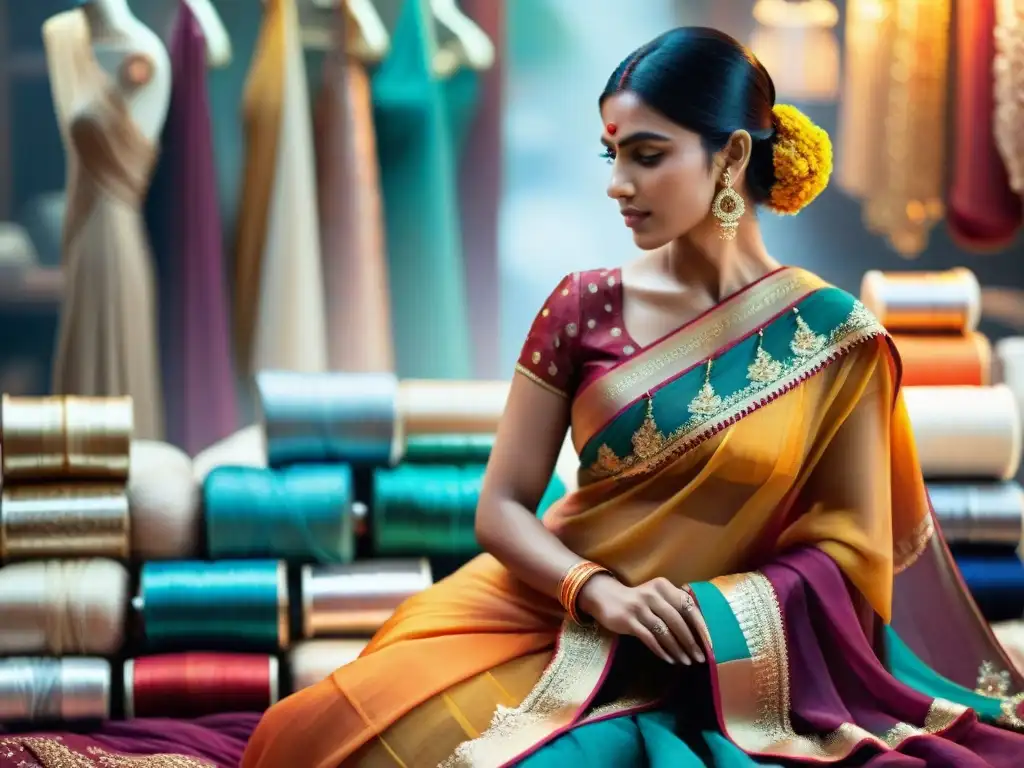 Artesanía india antigua influencia moda contemporánea: Artesanos crean sari con bordados y colores vibrantes en bullicioso mercado indio