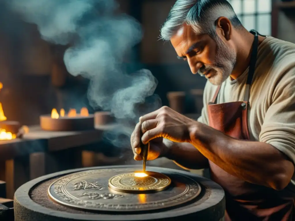 Un artesano antiguo, con intensidad y precisión, fabrica monedas romanas en un taller oscuro, destacando la alquimia de su trabajo